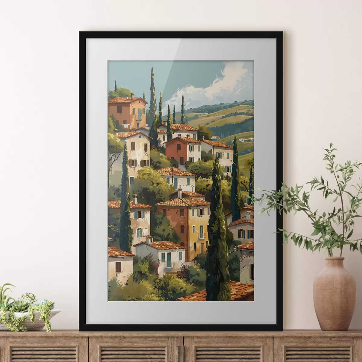 Poster Pueblo mediterráneo en una ladera, con casas de tonos cálidos y tejados de terracota. f47950