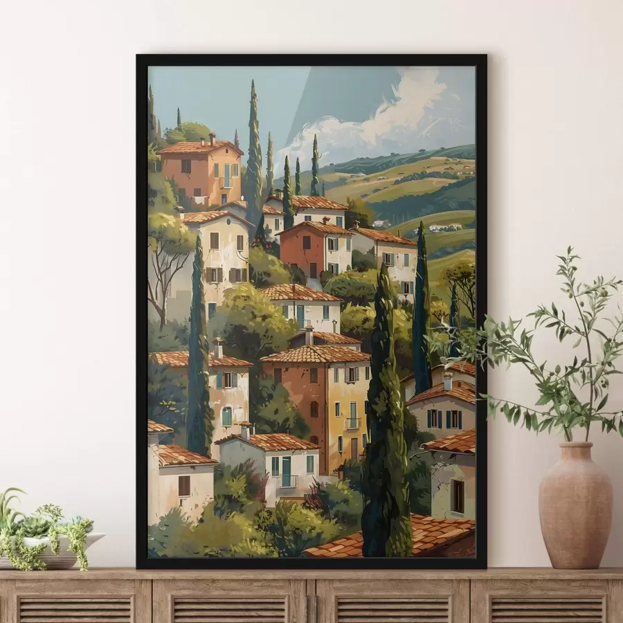 murales de pared Pueblo mediterráneo en una ladera, con casas de tonos cálidos y tejados de terracota. f47950