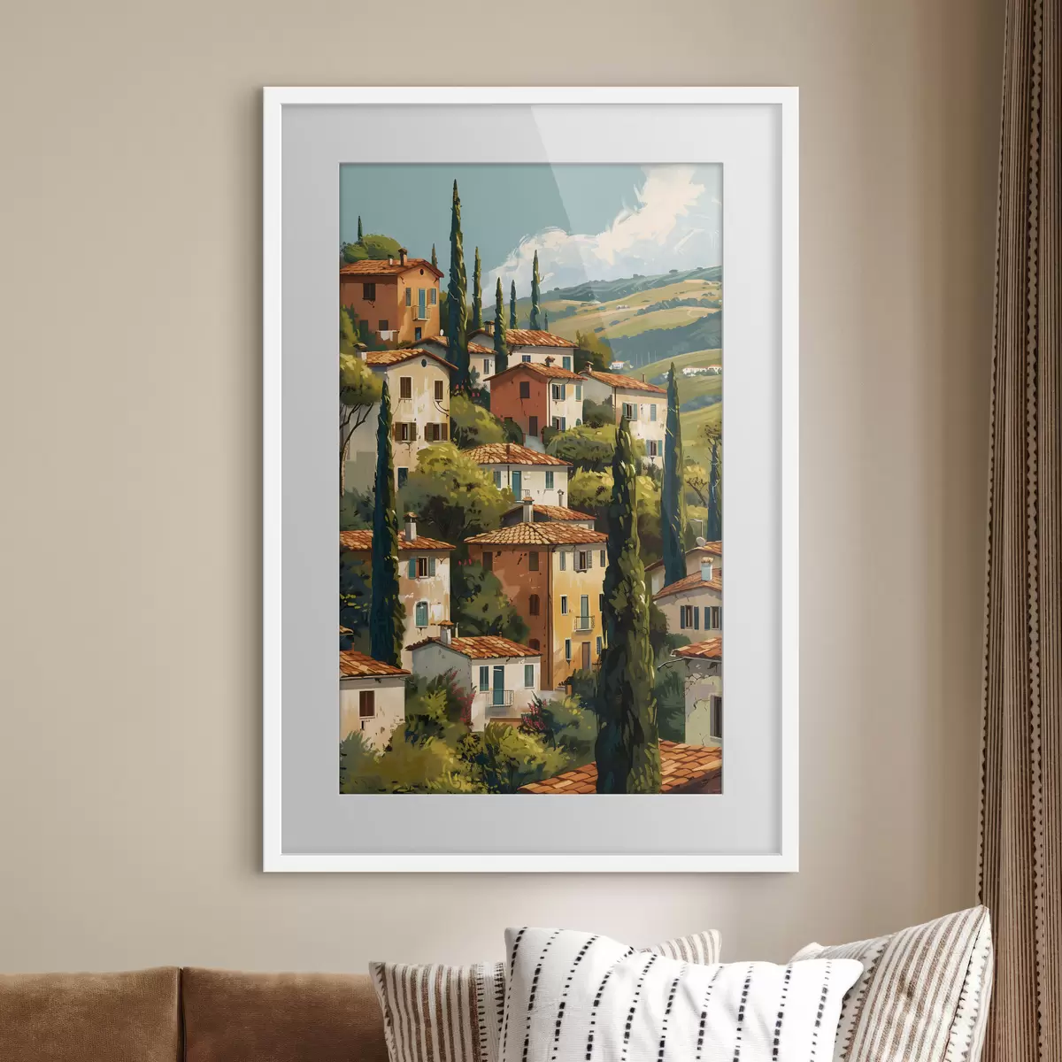 Poster Pueblo mediterráneo en una ladera, con casas de tonos cálidos y tejados de terracota. f47950