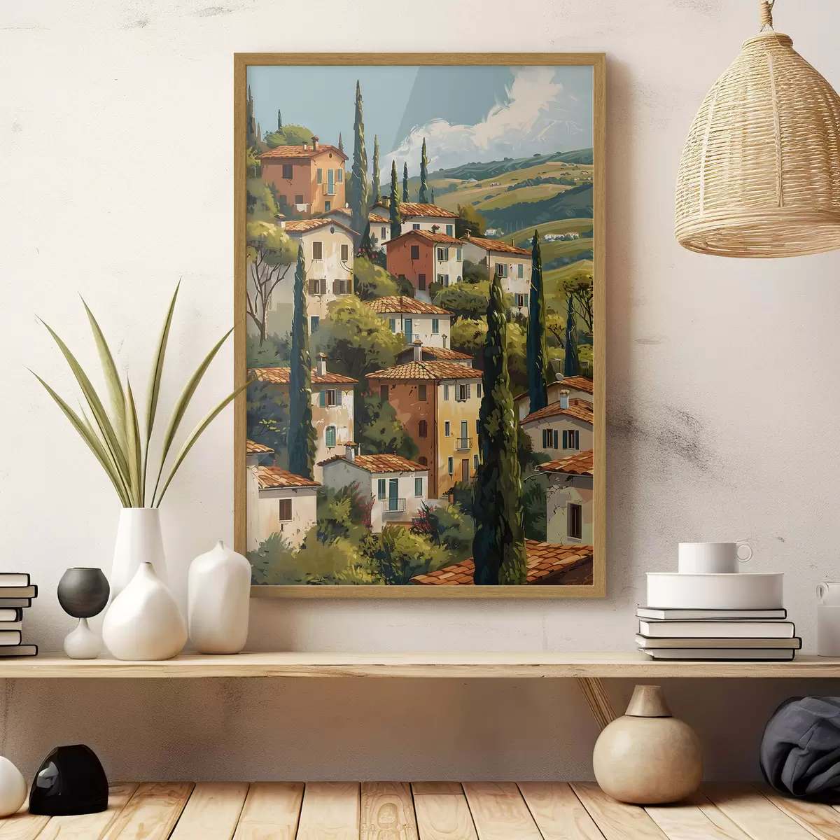 Poster Pueblo mediterráneo en una ladera, con casas de tonos cálidos y tejados de terracota. f47950