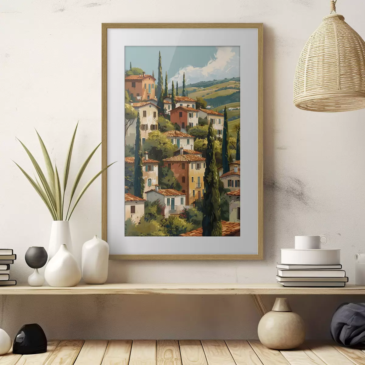 Poster Pueblo mediterráneo en una ladera, con casas de tonos cálidos y tejados de terracota. f47950