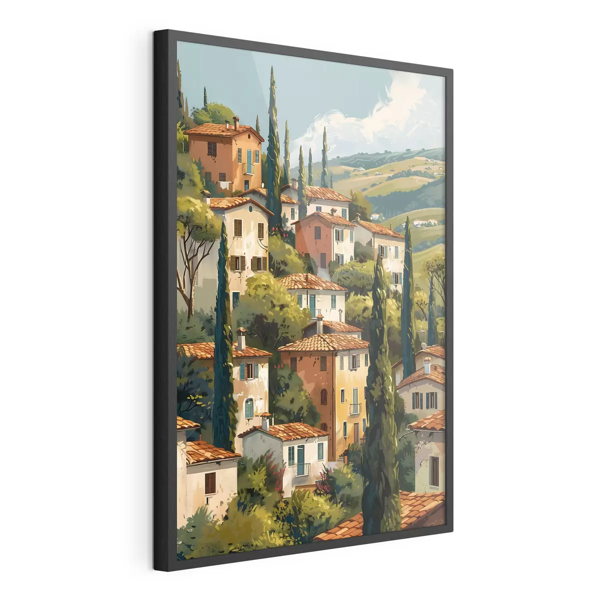 Poster Pueblo mediterráneo en una ladera, con casas de tonos cálidos y tejados de terracota. f47950