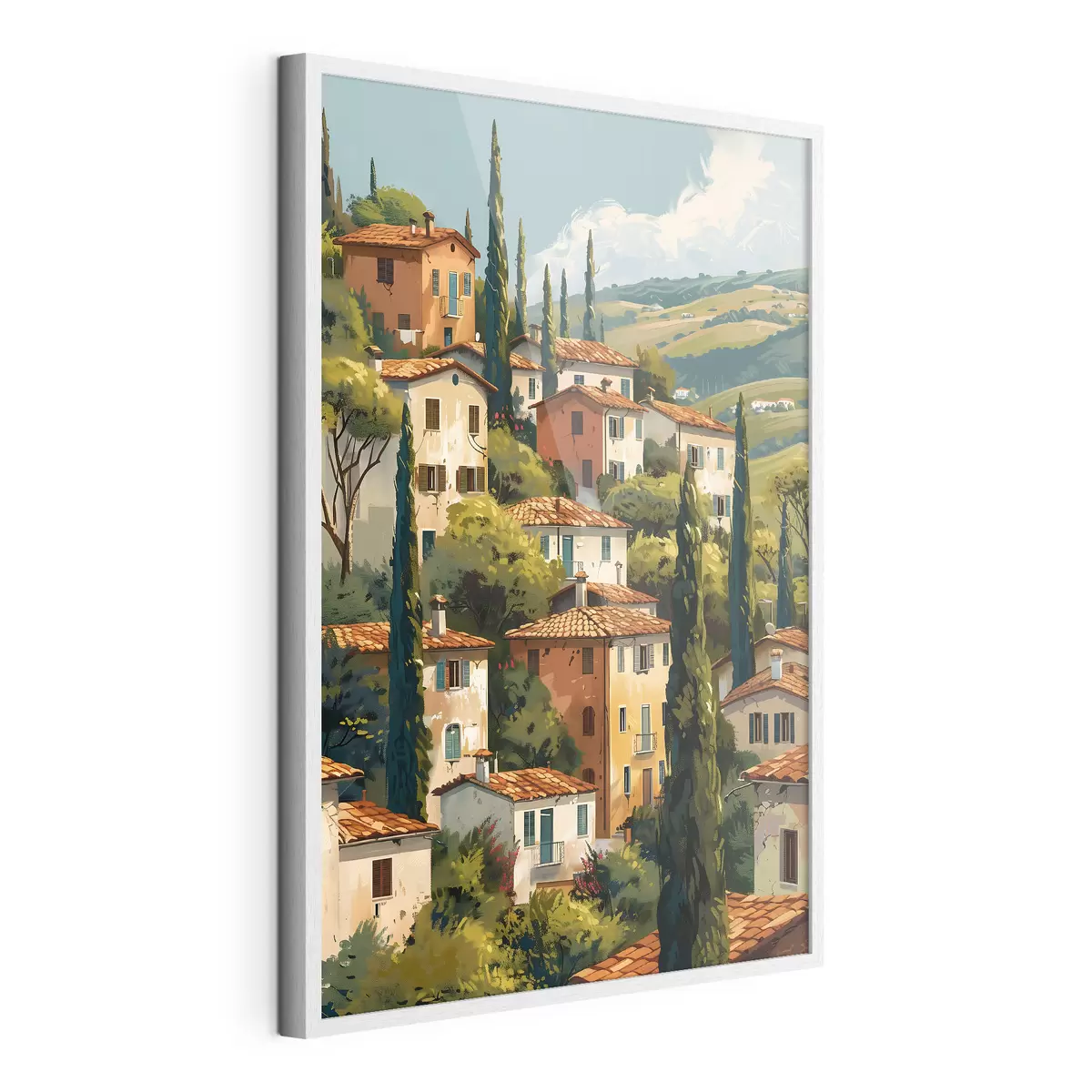Poster Pueblo mediterráneo en una ladera, con casas de tonos cálidos y tejados de terracota. f47950