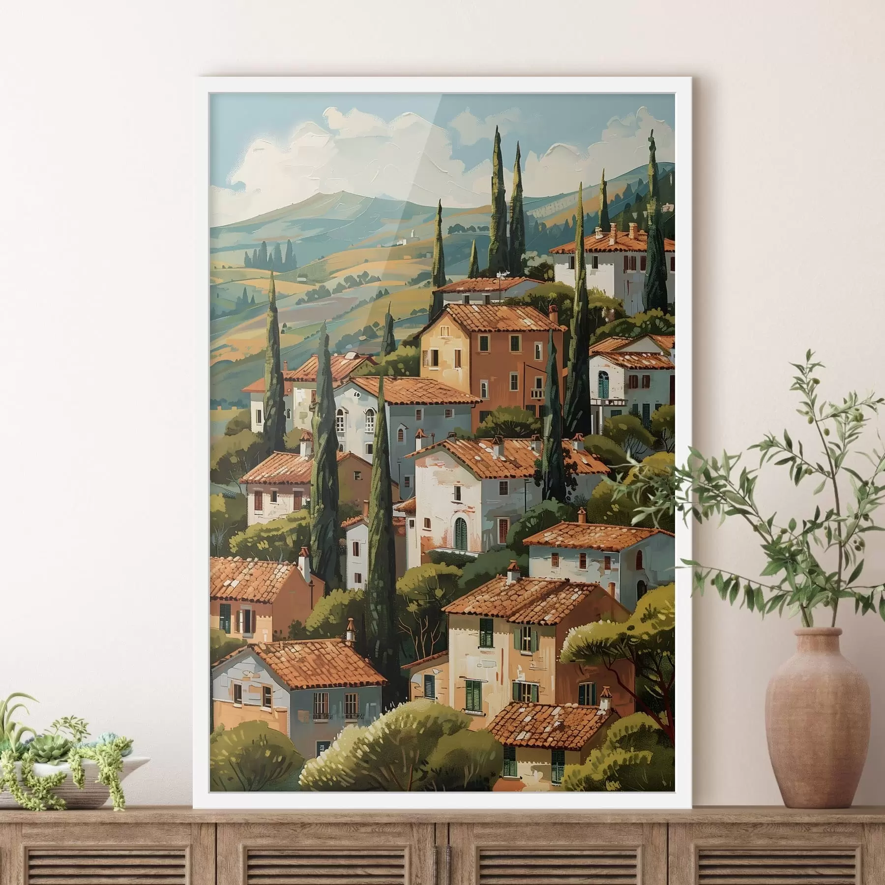 murales de pared Pueblo mediterráneo en una ladera, con casas de tonos cálidos y tejados de terracota. f47951