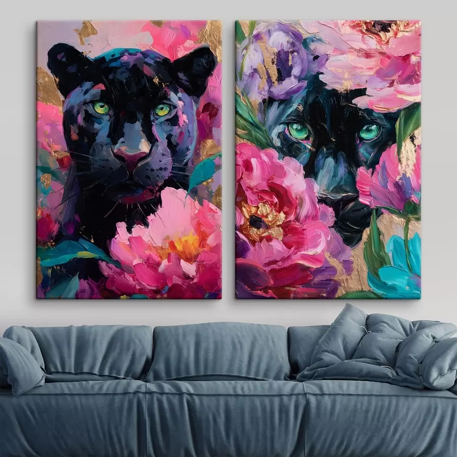 murales de pared pantera negra entre peonías m30090