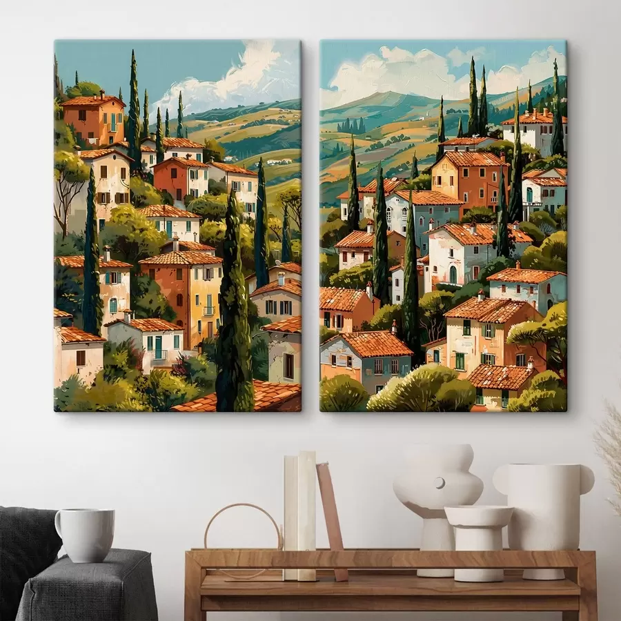 murales de pared Pueblo mediterráneo en una ladera, con casas de tonos cálidos y tejados de terracota. m30097