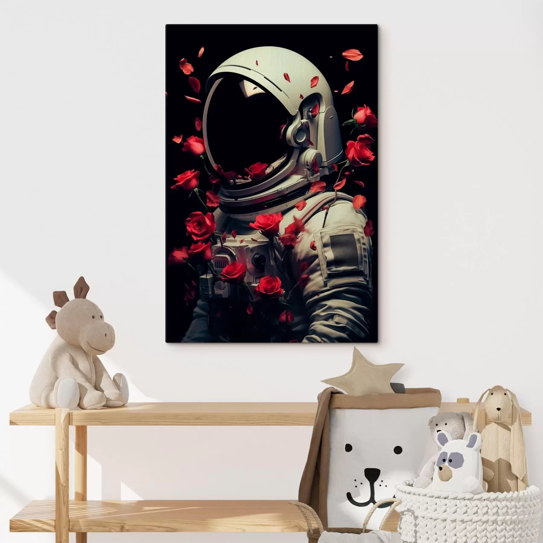 murales de pared Retrato surrealista de un astronauta con traje espacial blanco. s48113