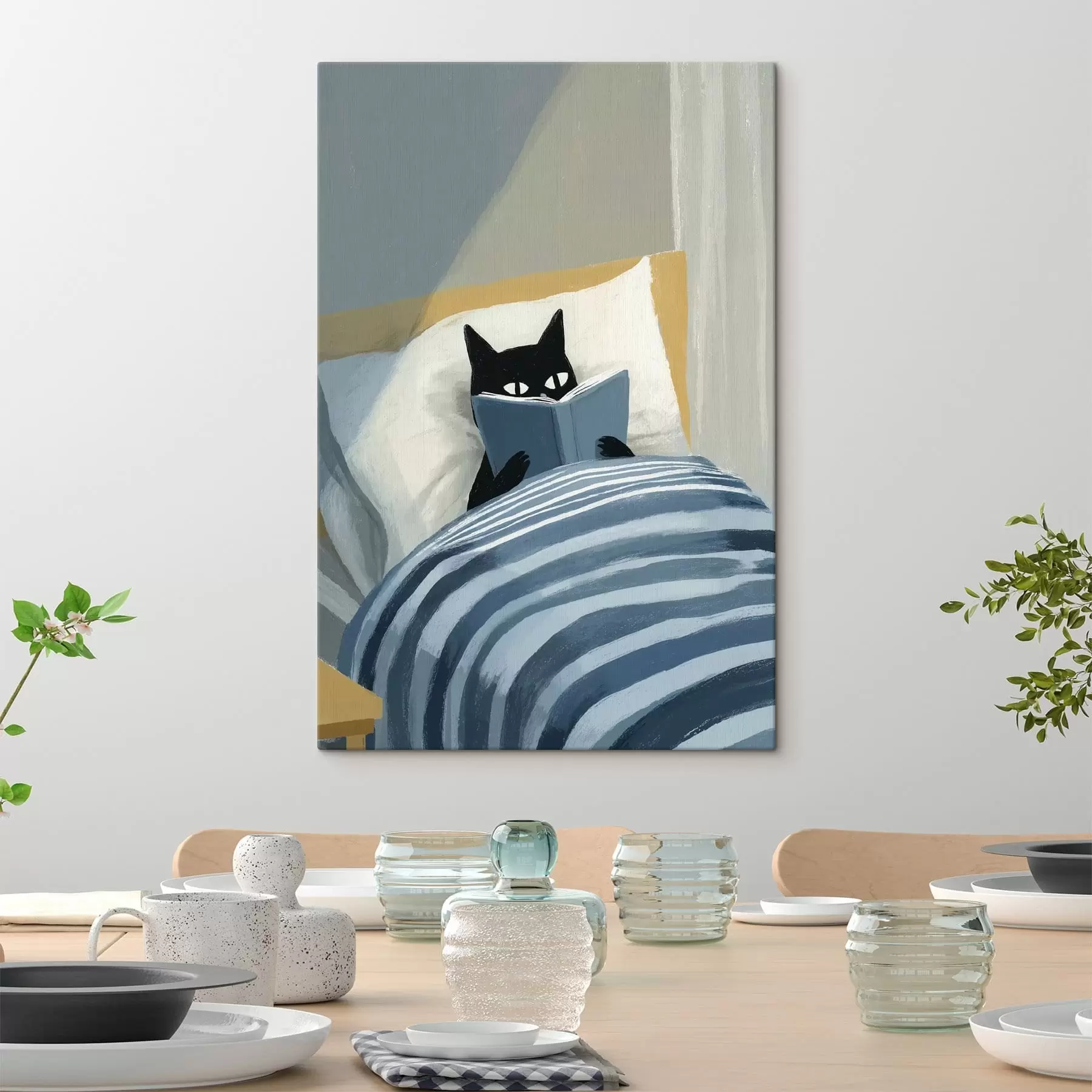 murales de pared Ilustración minimalista de un gato negro leyendo un libro en la cama. s48117