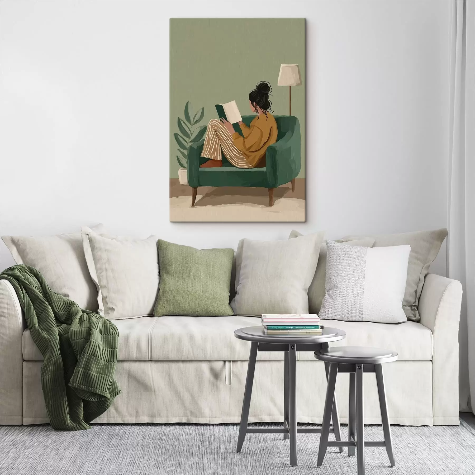 murales de pared Ilustración minimalista y acogedora de una mujer sentada en un sillón leyendo. s48118