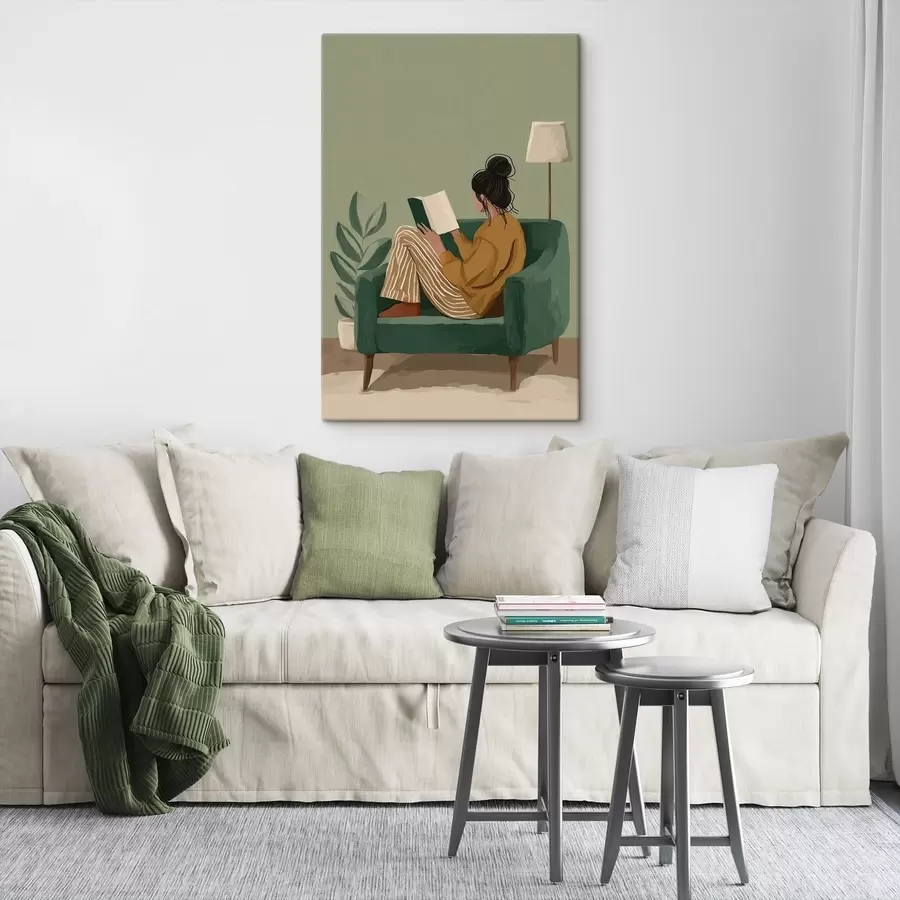 murales de pared Ilustración minimalista y acogedora de una mujer sentada en un sillón leyendo. s48118