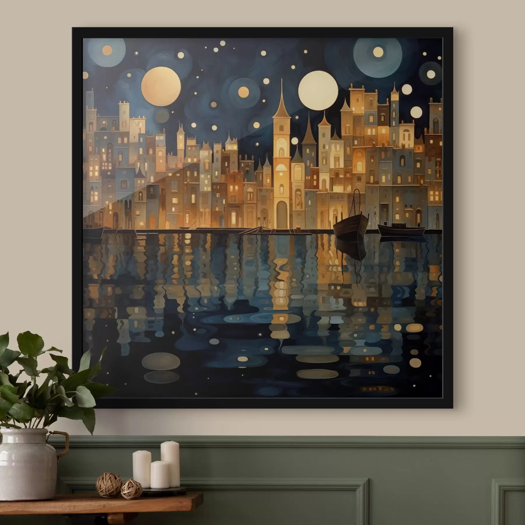 murales de pared ciudad nocturna caprichosa junto al agua f48063