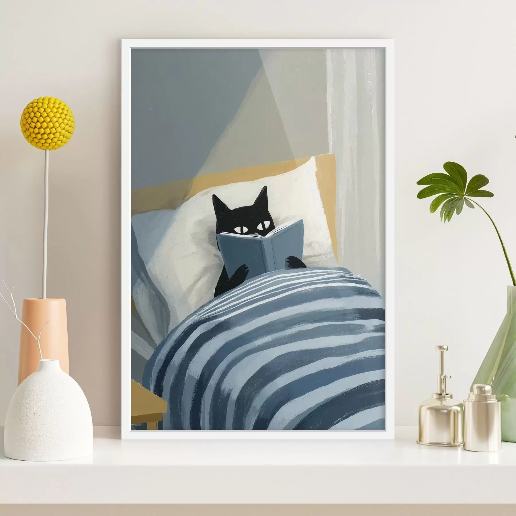 murales de pared Ilustración minimalista de un gato negro leyendo un libro en la cama. f48117