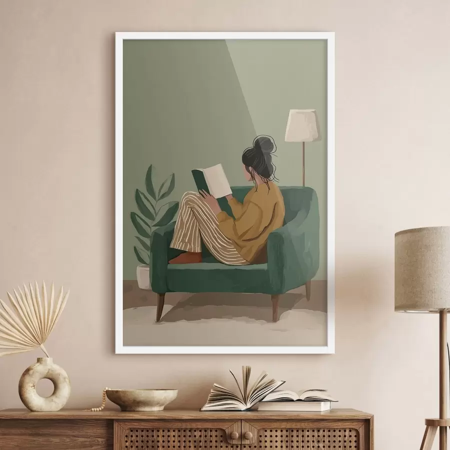 murales de pared Ilustración minimalista y acogedora de una mujer sentada en un sillón leyendo. f48118