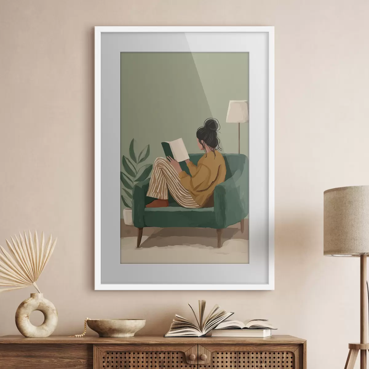 Poster Ilustración minimalista y acogedora de una mujer sentada en un sillón leyendo. f48118