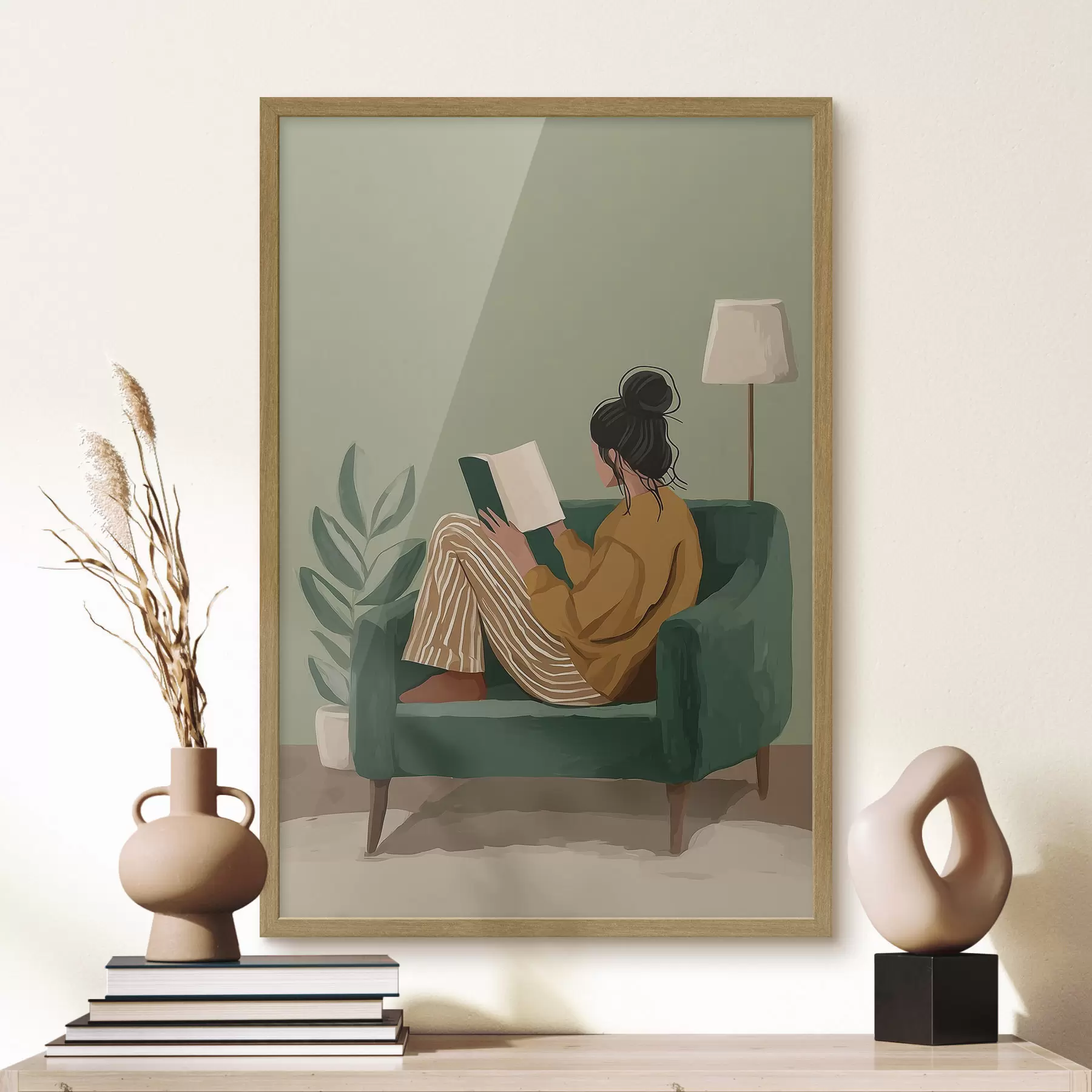 murales de pared Ilustración minimalista y acogedora de una mujer sentada en un sillón leyendo. f48118