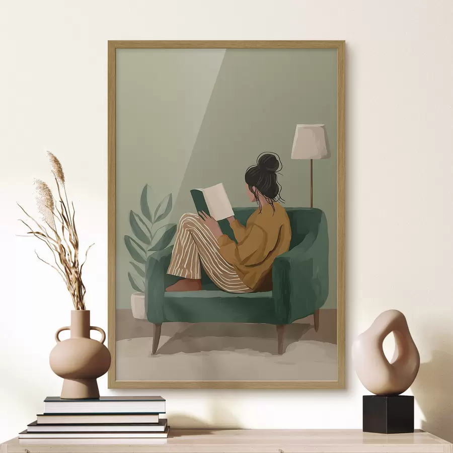murales de pared Ilustración minimalista y acogedora de una mujer sentada en un sillón leyendo. f48118