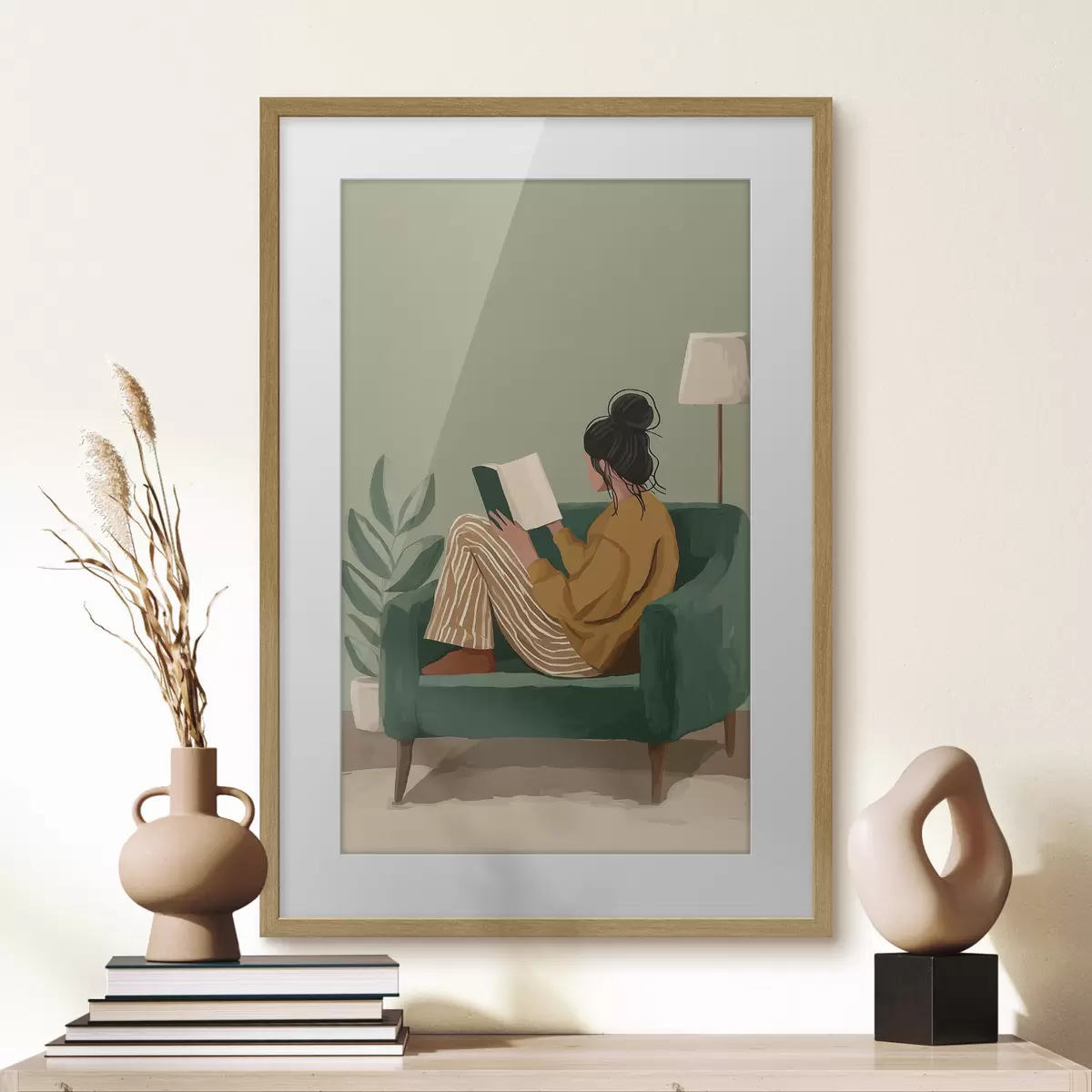 Poster Ilustración minimalista y acogedora de una mujer sentada en un sillón leyendo. f48118