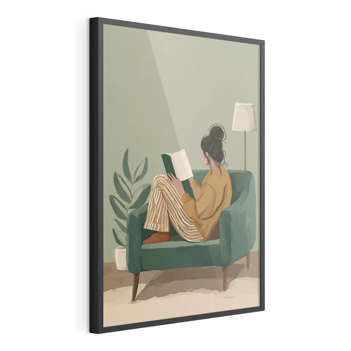 Poster Ilustración minimalista y acogedora de una mujer sentada en un sillón leyendo. f48118