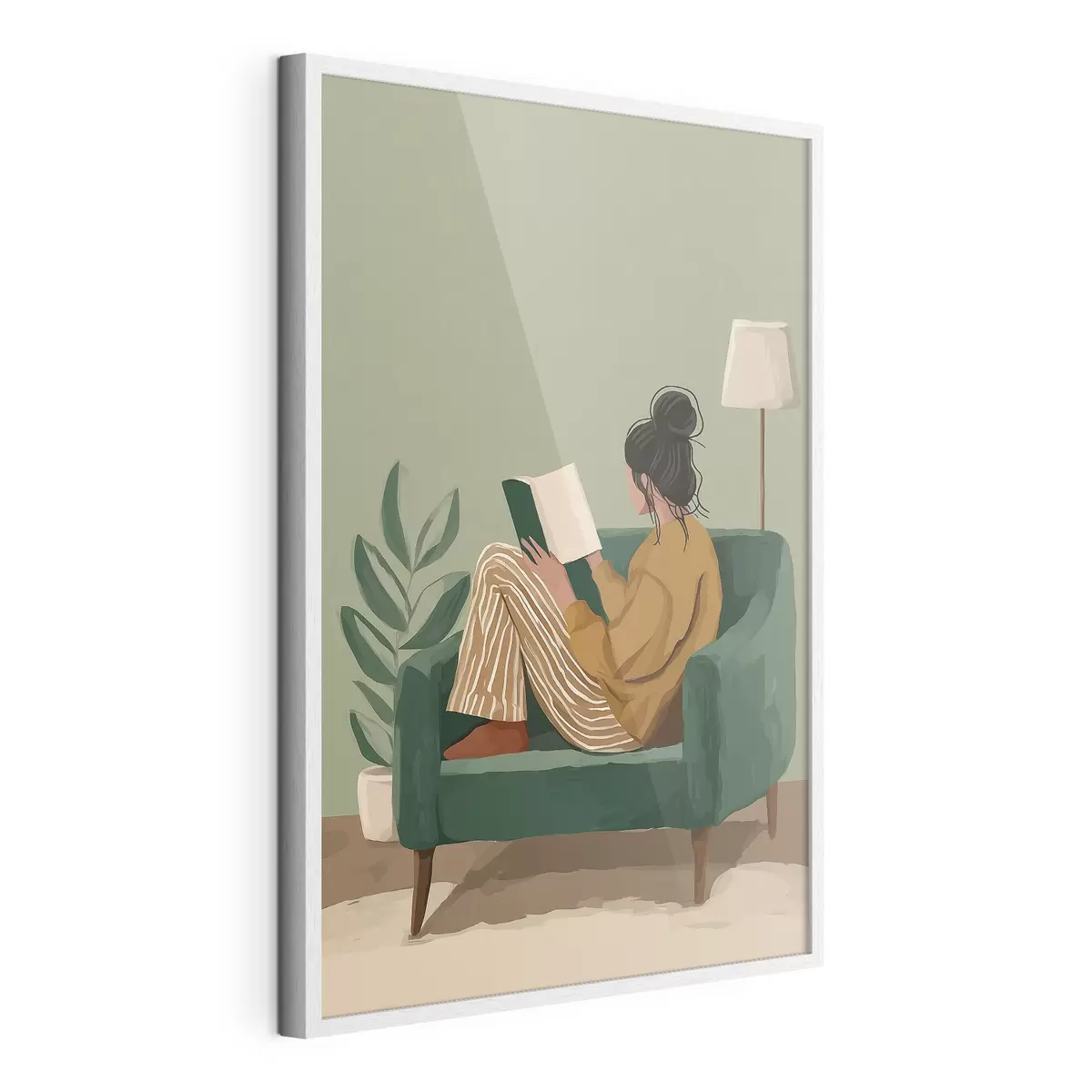 Poster Ilustración minimalista y acogedora de una mujer sentada en un sillón leyendo. f48118