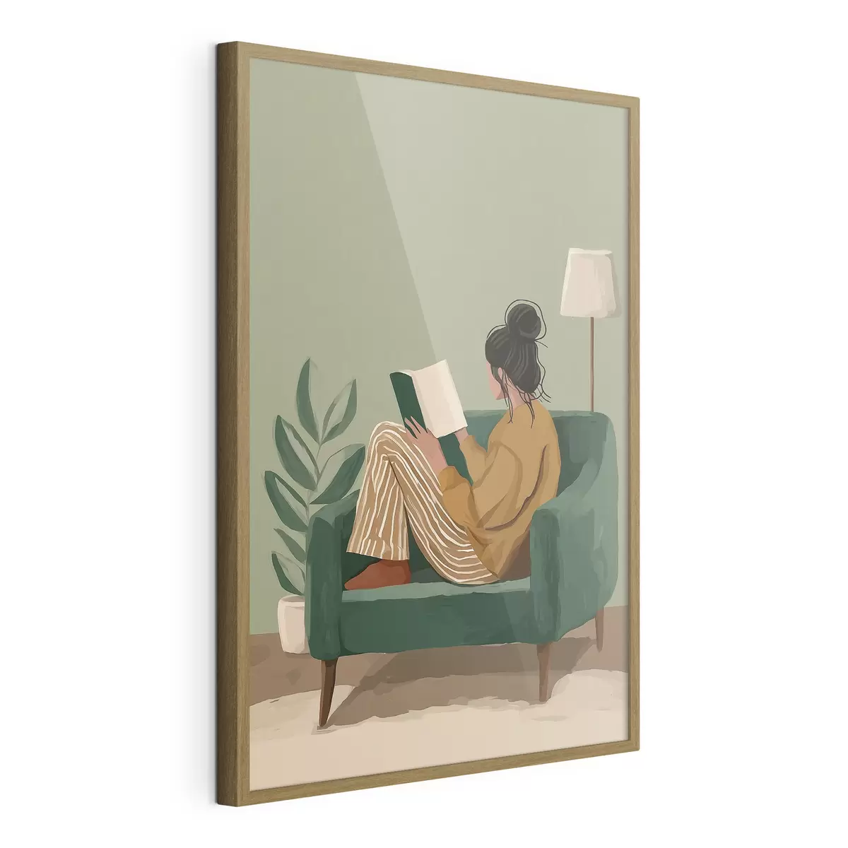 Poster Ilustración minimalista y acogedora de una mujer sentada en un sillón leyendo. f48118