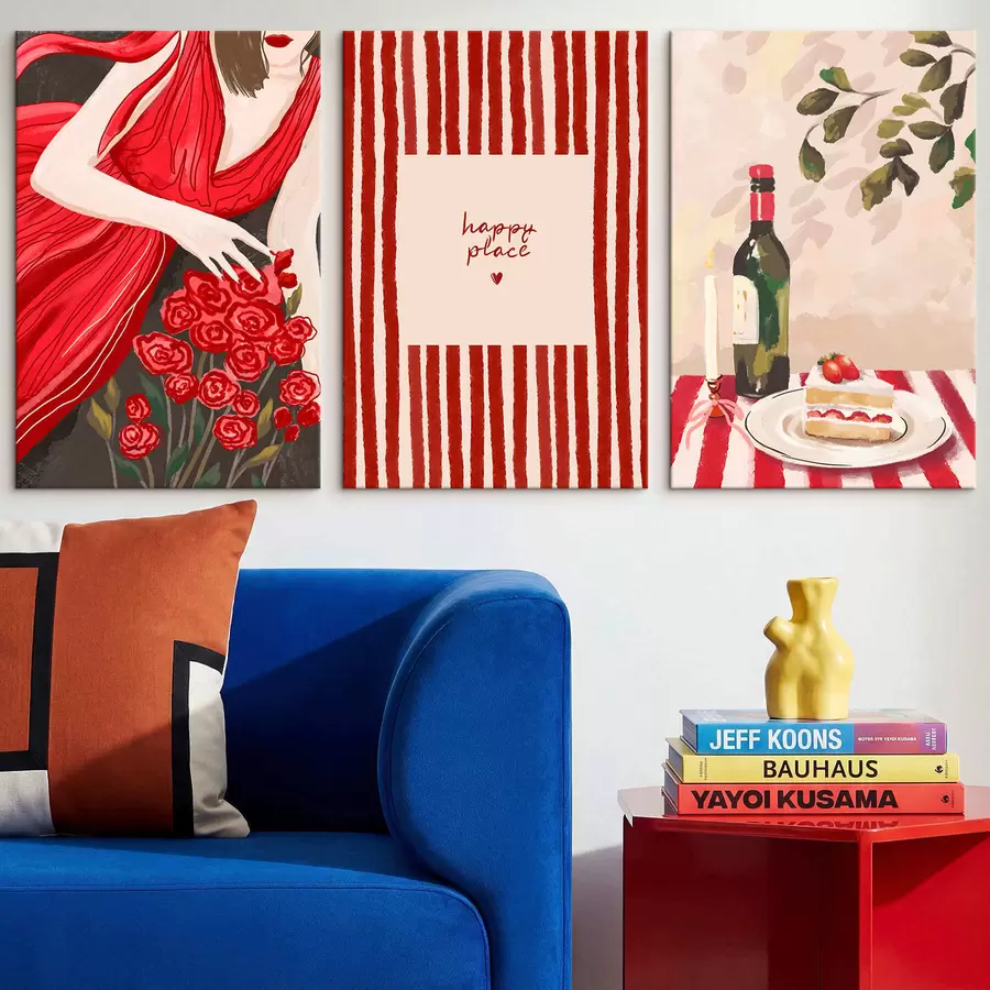 murales de pared Mujer con rosas, póster a rayas y mesa m30099