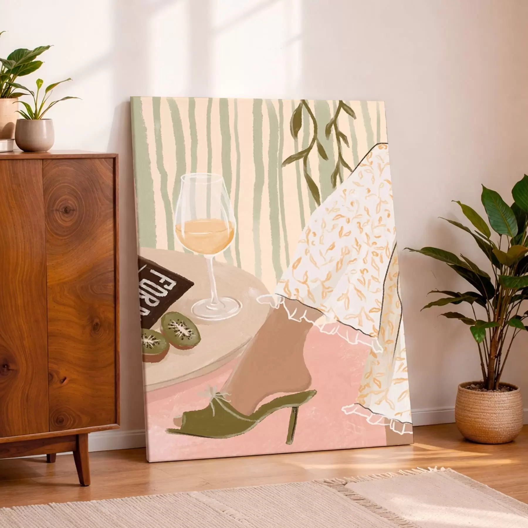 murales de pared Mesa con copa de vino y kiwi junto al vestido s48021