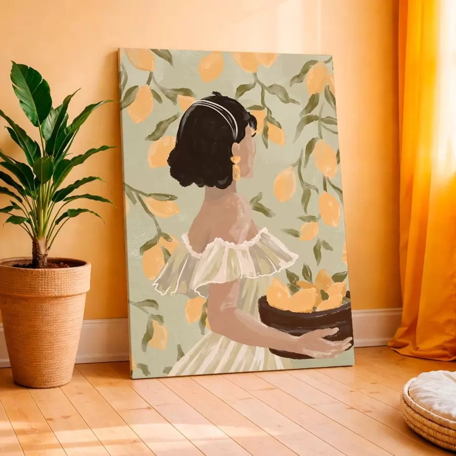 murales de pared Mujer sosteniendo un cuenco con limones por las ramas. s48023