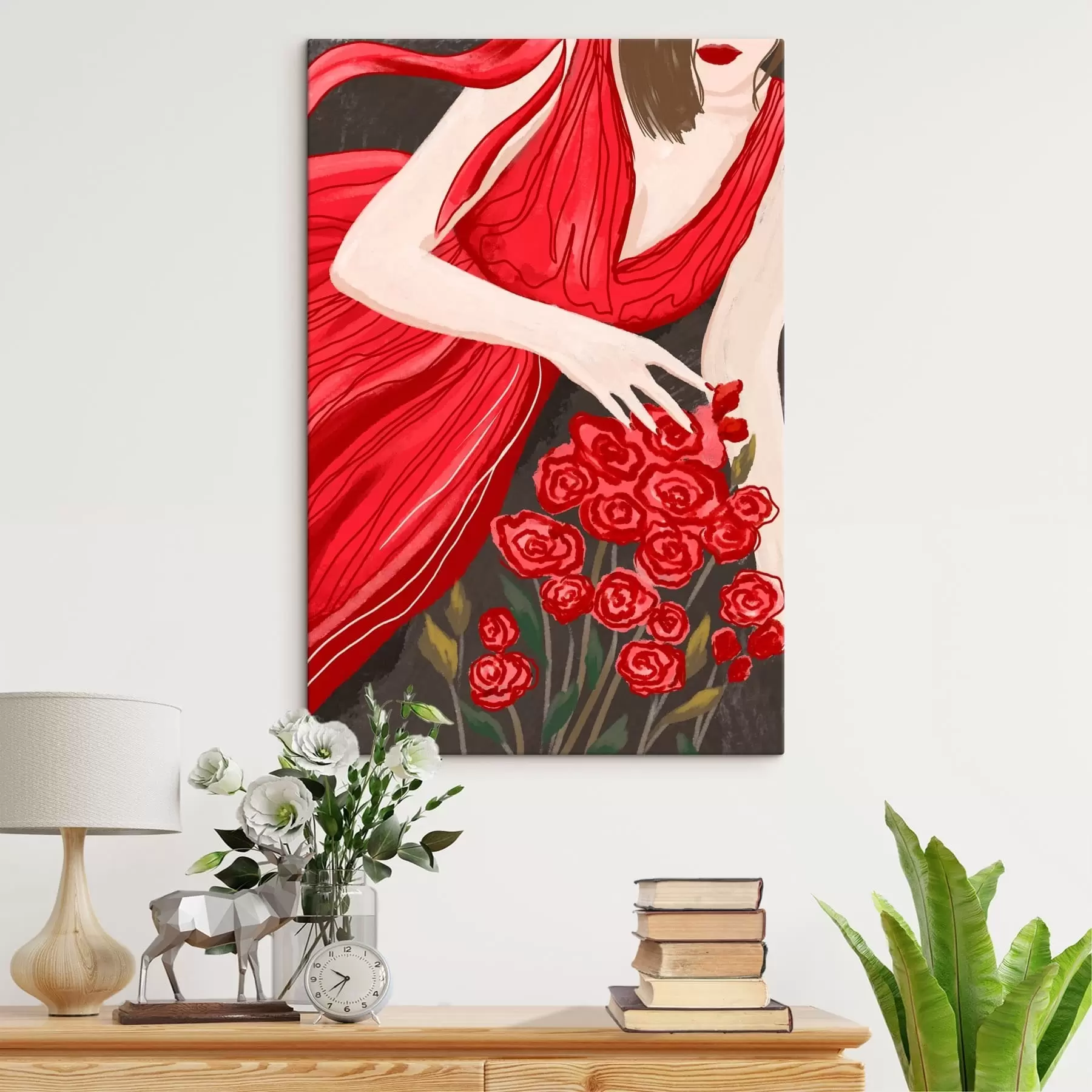 murales de pared Mujer con vestido rojo y ramo de rosas s48026