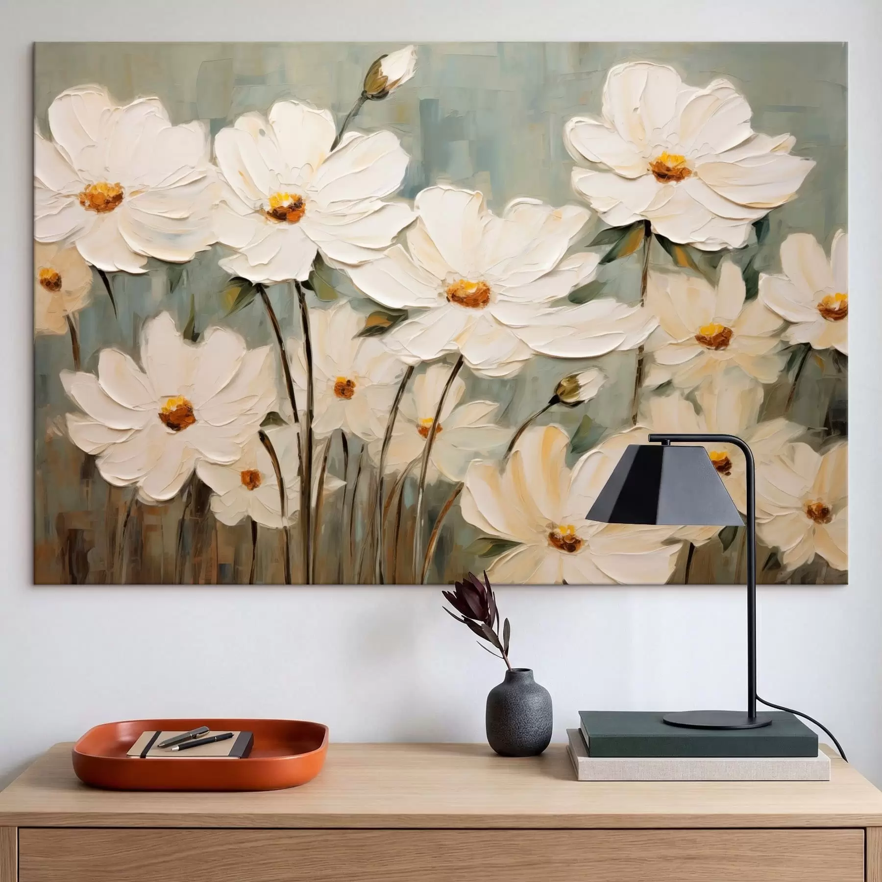 murales de pared Flores blancas sobre fondo texturizado, pinceladas s48094