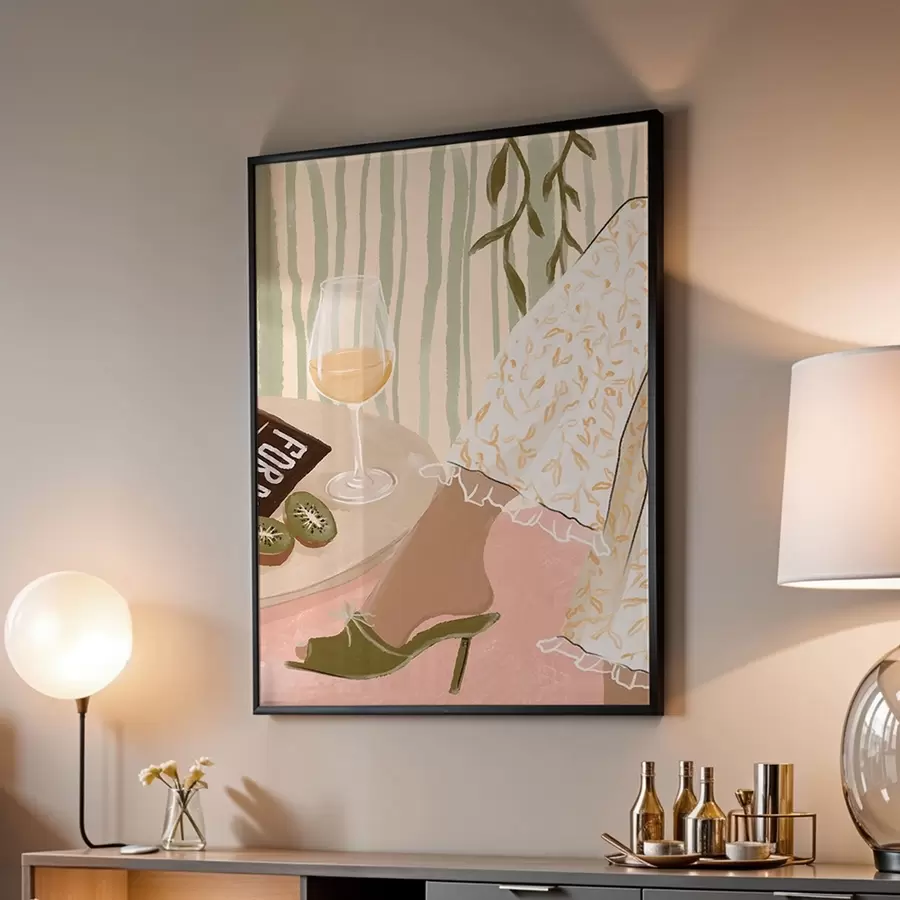 murales de pared Mesa con copa de vino y kiwi junto al vestido f48021