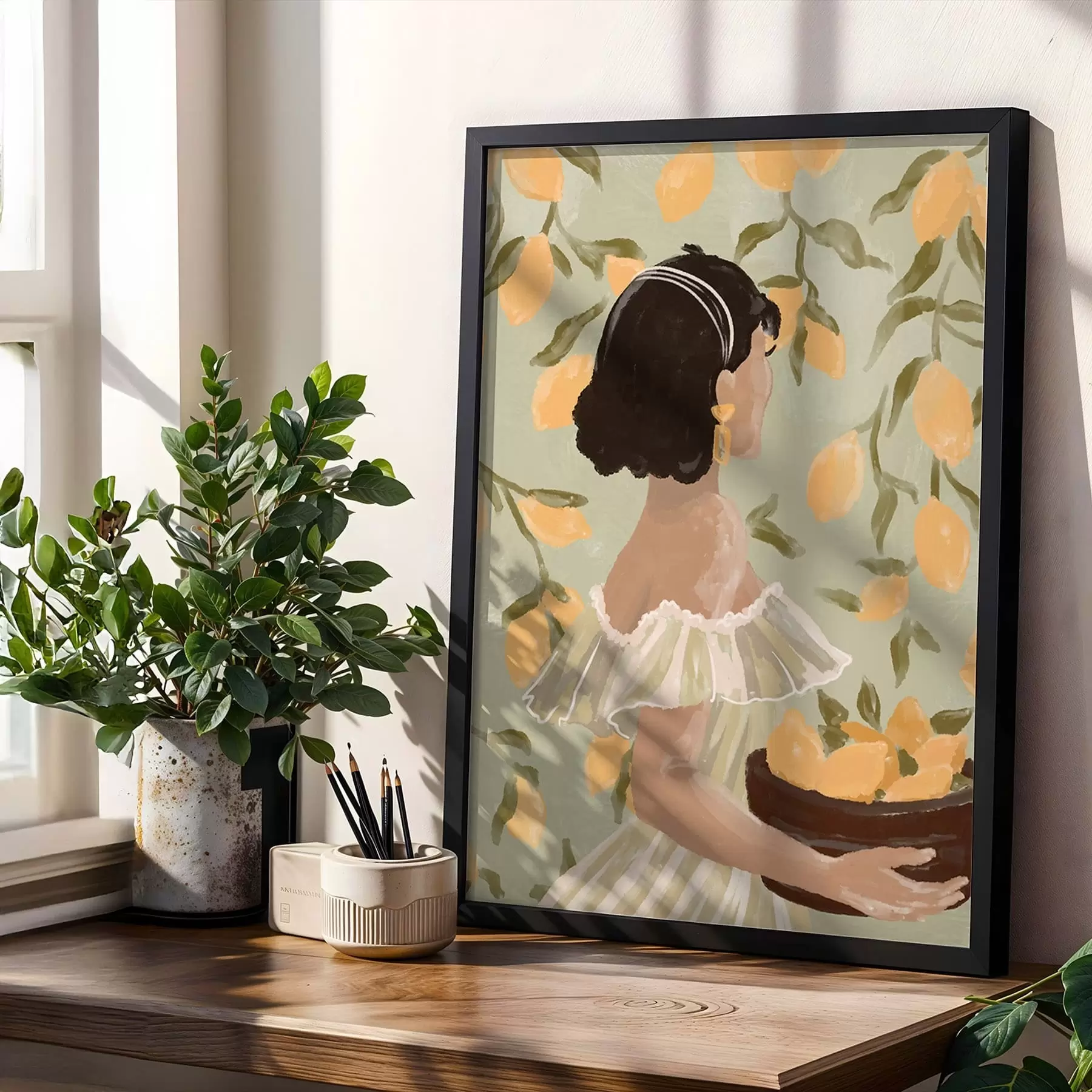 murales de pared Mujer sosteniendo un cuenco con limones por las ramas. f48023