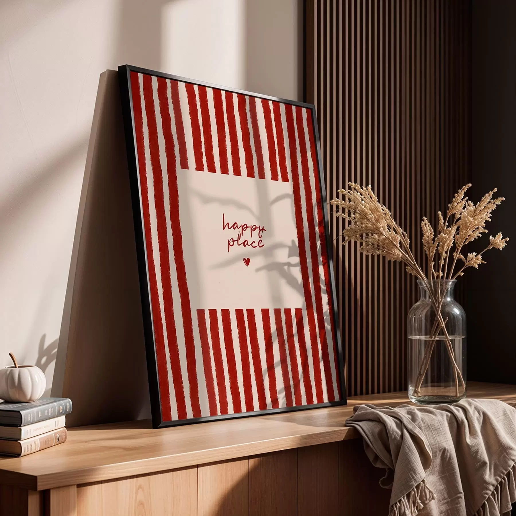 murales de pared Rayas rojas con texto «happy place» (lugar feliz) f48025