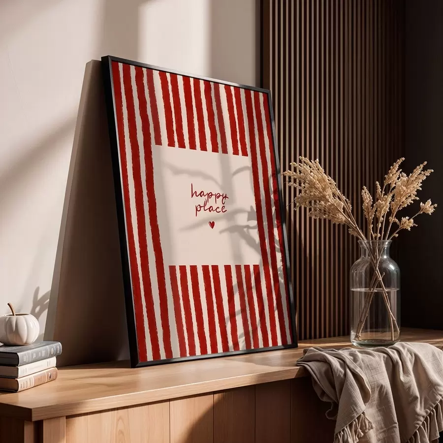 murales de pared Rayas rojas con texto «happy place» (lugar feliz) f48025