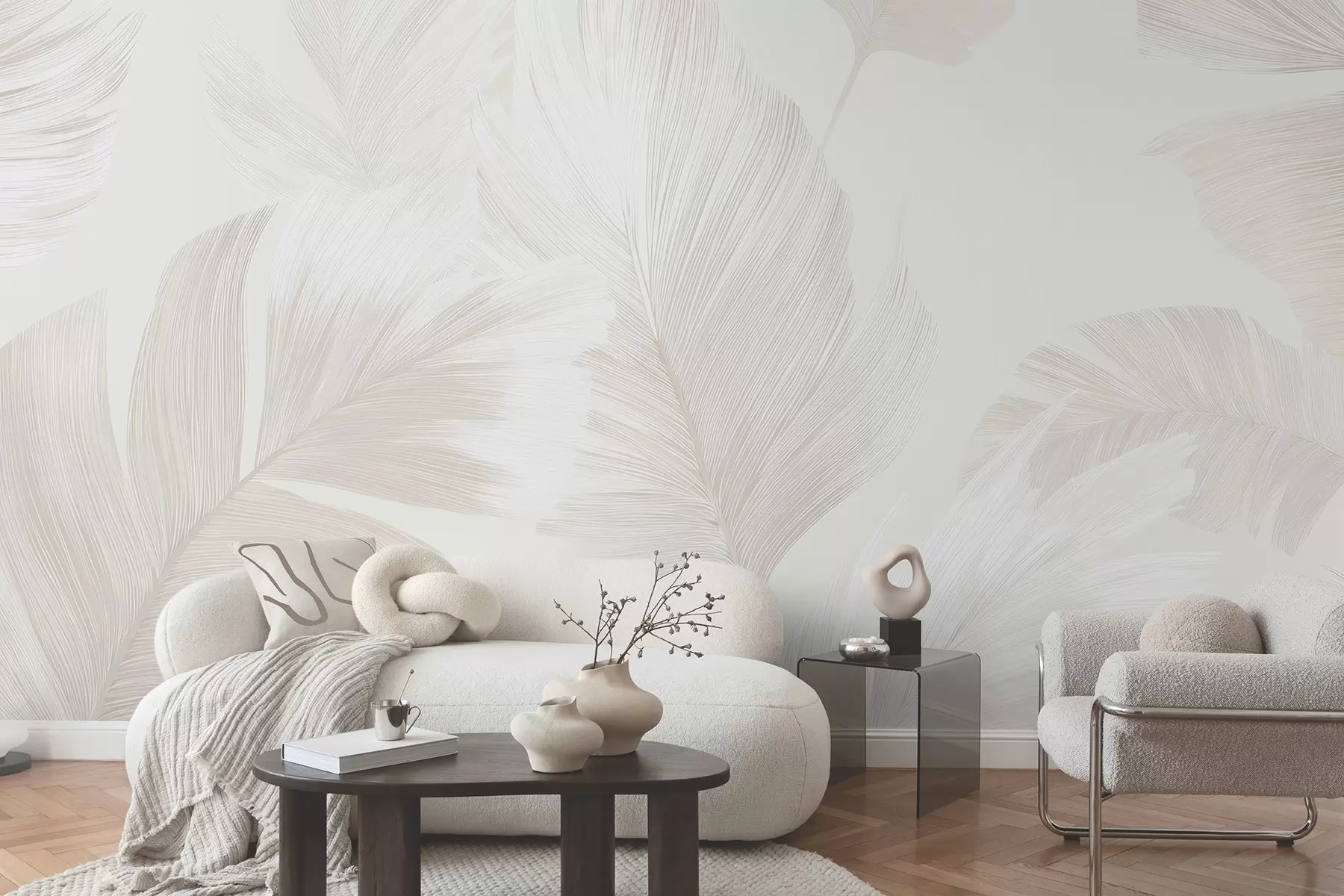 murales de pared Suaves plumas de color marfil en tonos beige lechoso. w09563