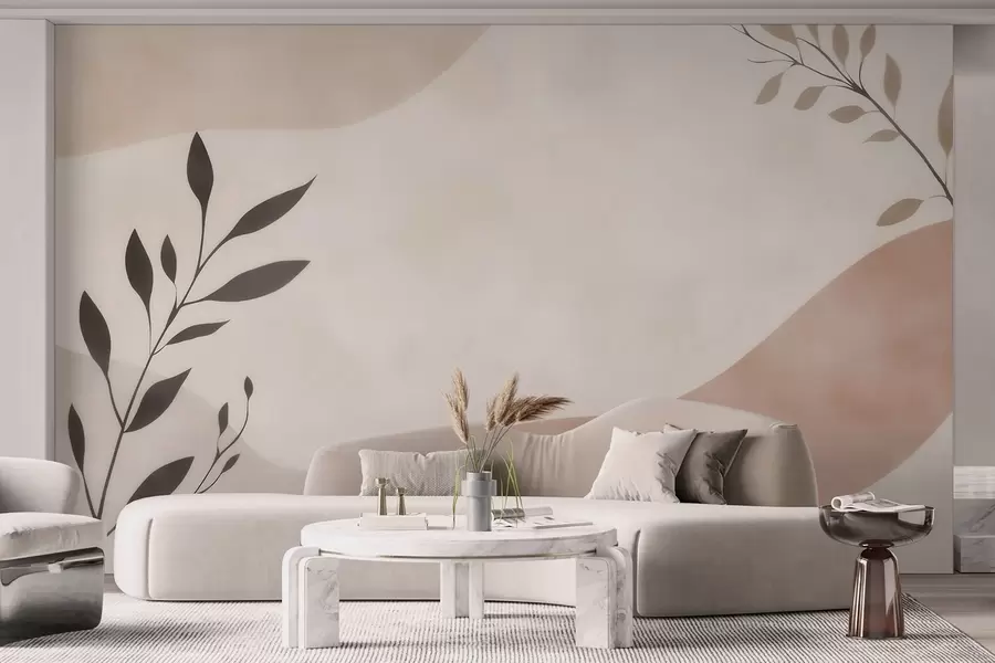 murales de pared Olas abstractas en tonos beige y melocotón con ramas w09722