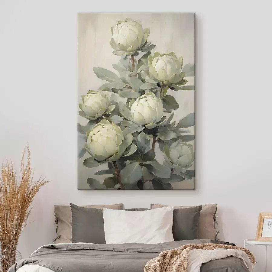 murales de pared Estilo pictórico de varias flores blancas de protea con grandes hojas verdes sobre un fondo claro. s47861