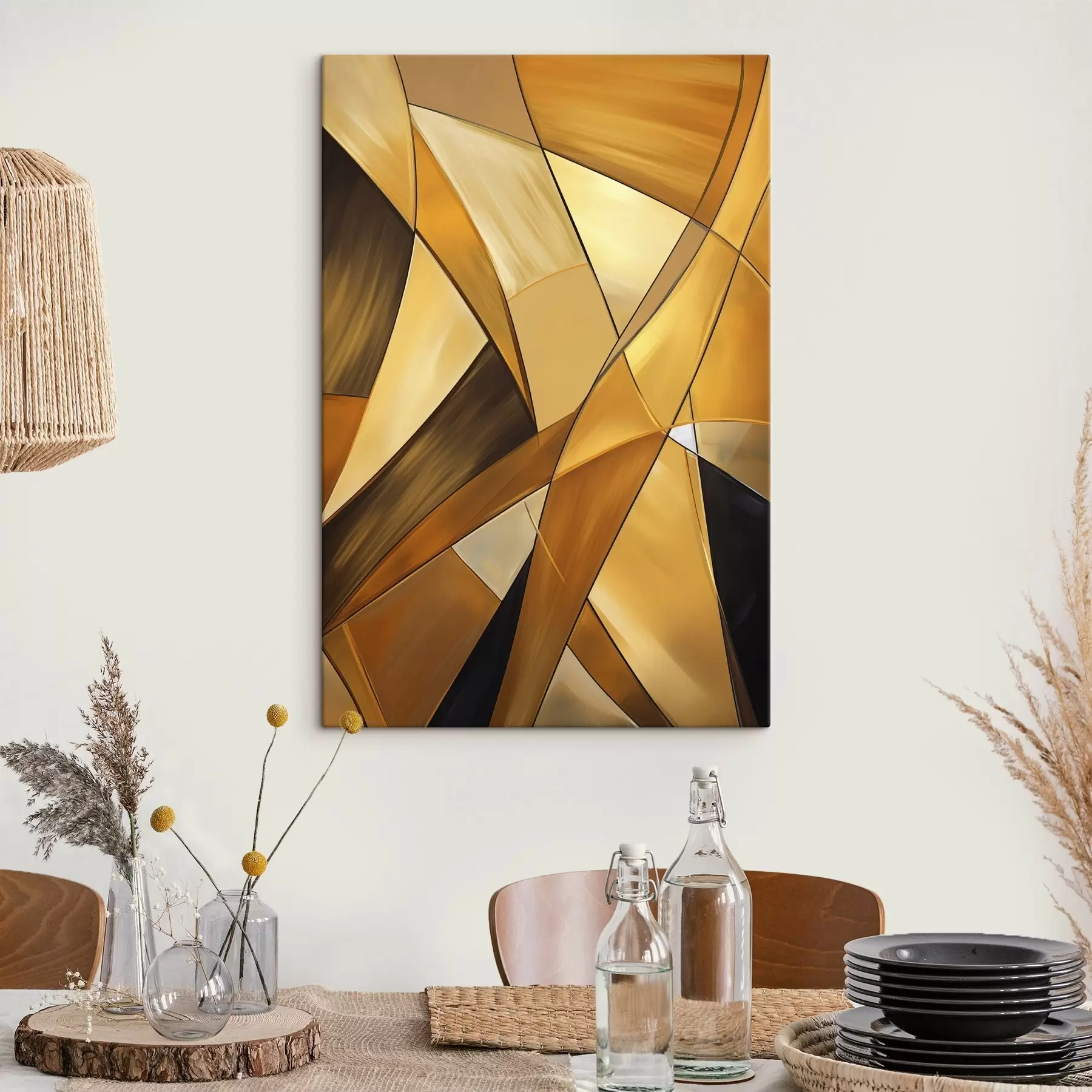 murales de pared Formas geométricas abstractas en tonos naranjas, marrones y blancos con contornos finos sobre un fondo texturizado. s47864