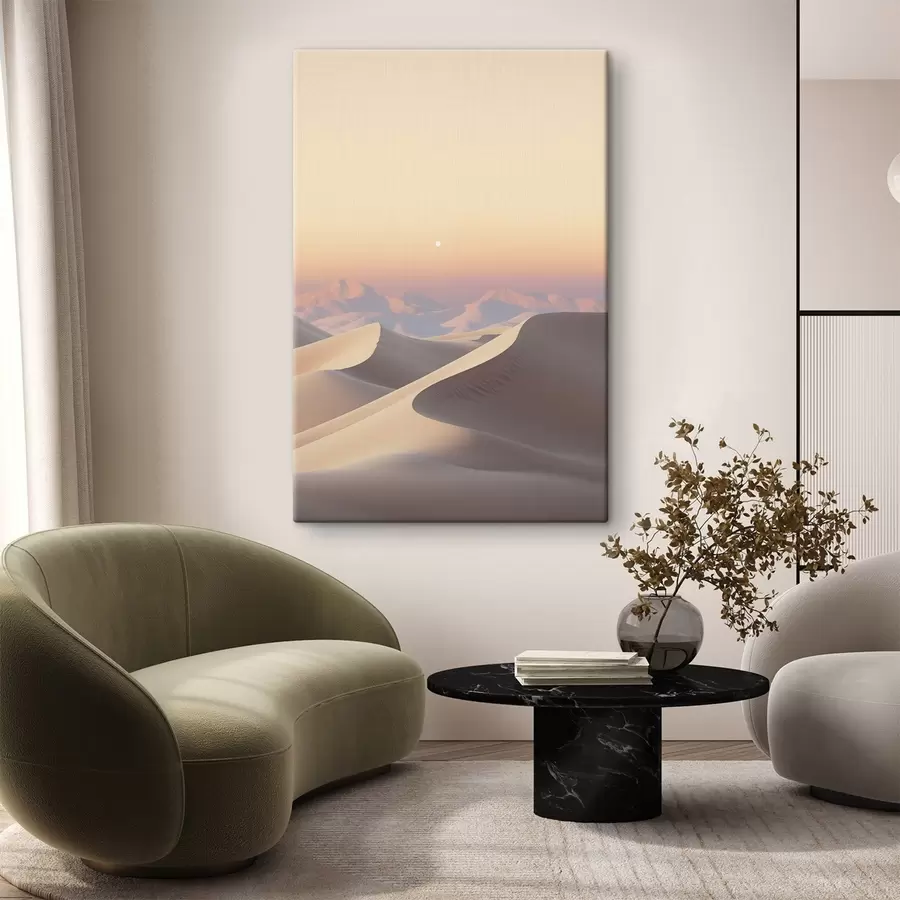 murales de pared Un paisaje desértico con dunas onduladas bajo un cielo de suaves tonos pastel, con montañas lejanas al fondo. s47865