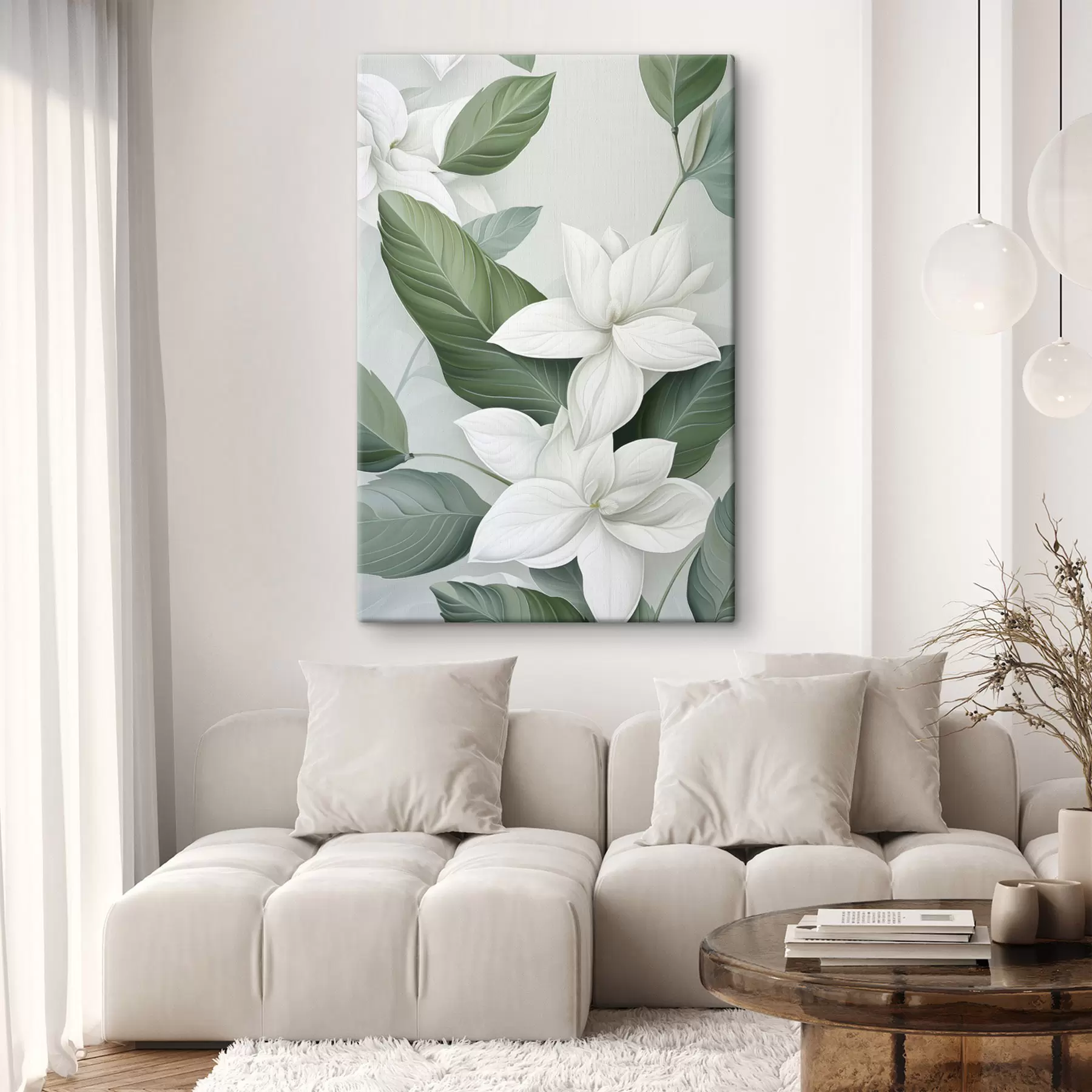 murales de pared Flores blancas con hojas verdes, fondo pastel s47869