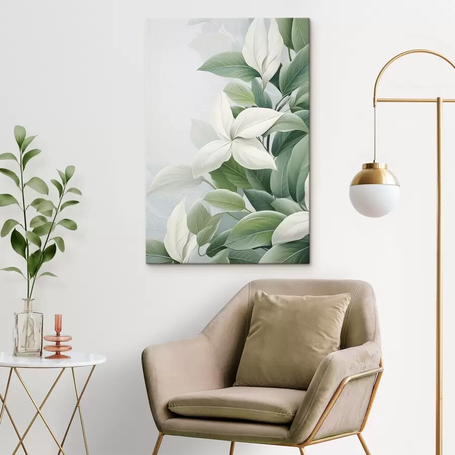 murales de pared Flores blancas con hojas verdes, fondo pastel s47870