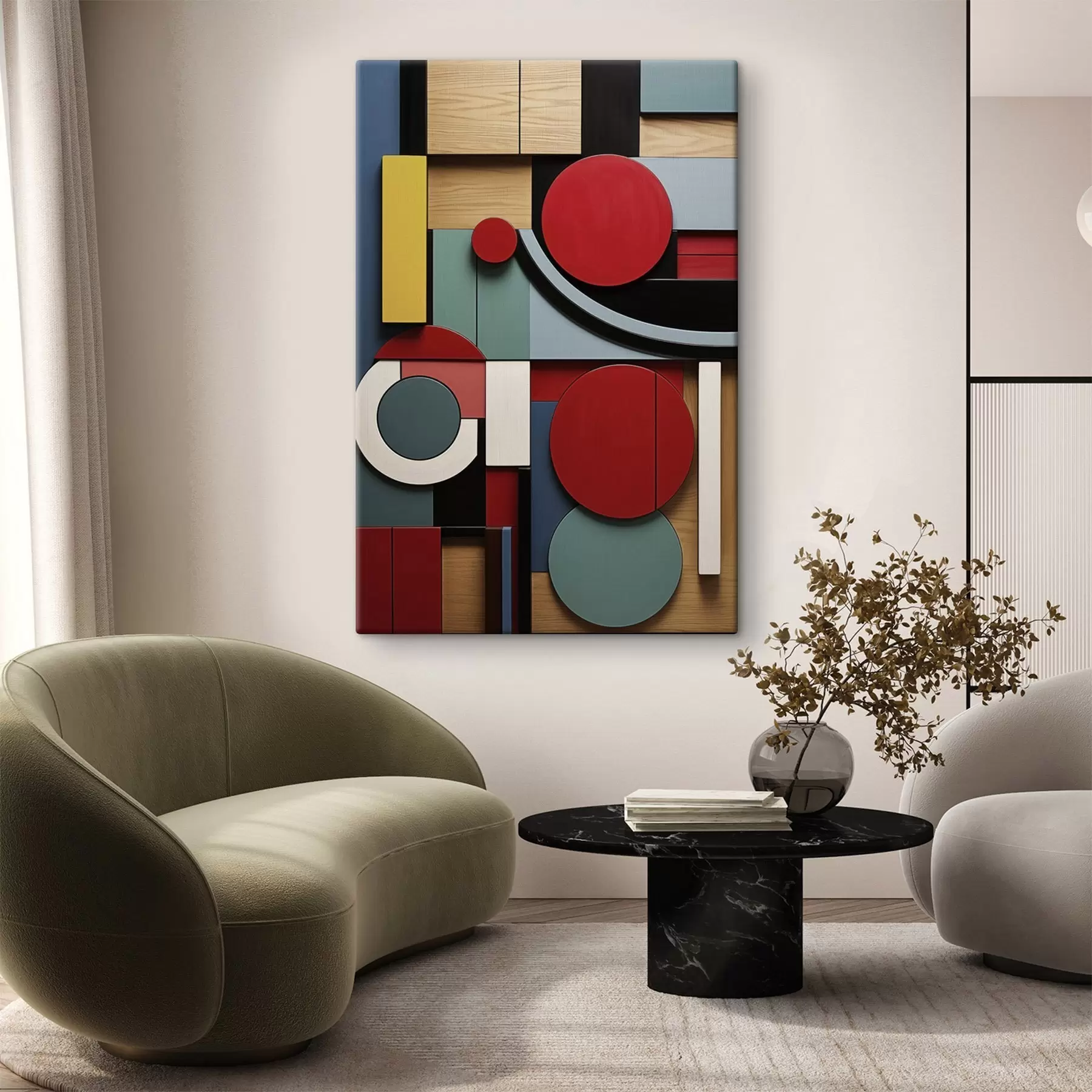 murales de pared Composición geométrica abstracta con imitación de textura de madera, rectángulos y círculos rojos, negros, blancos y verde azulado. s47876