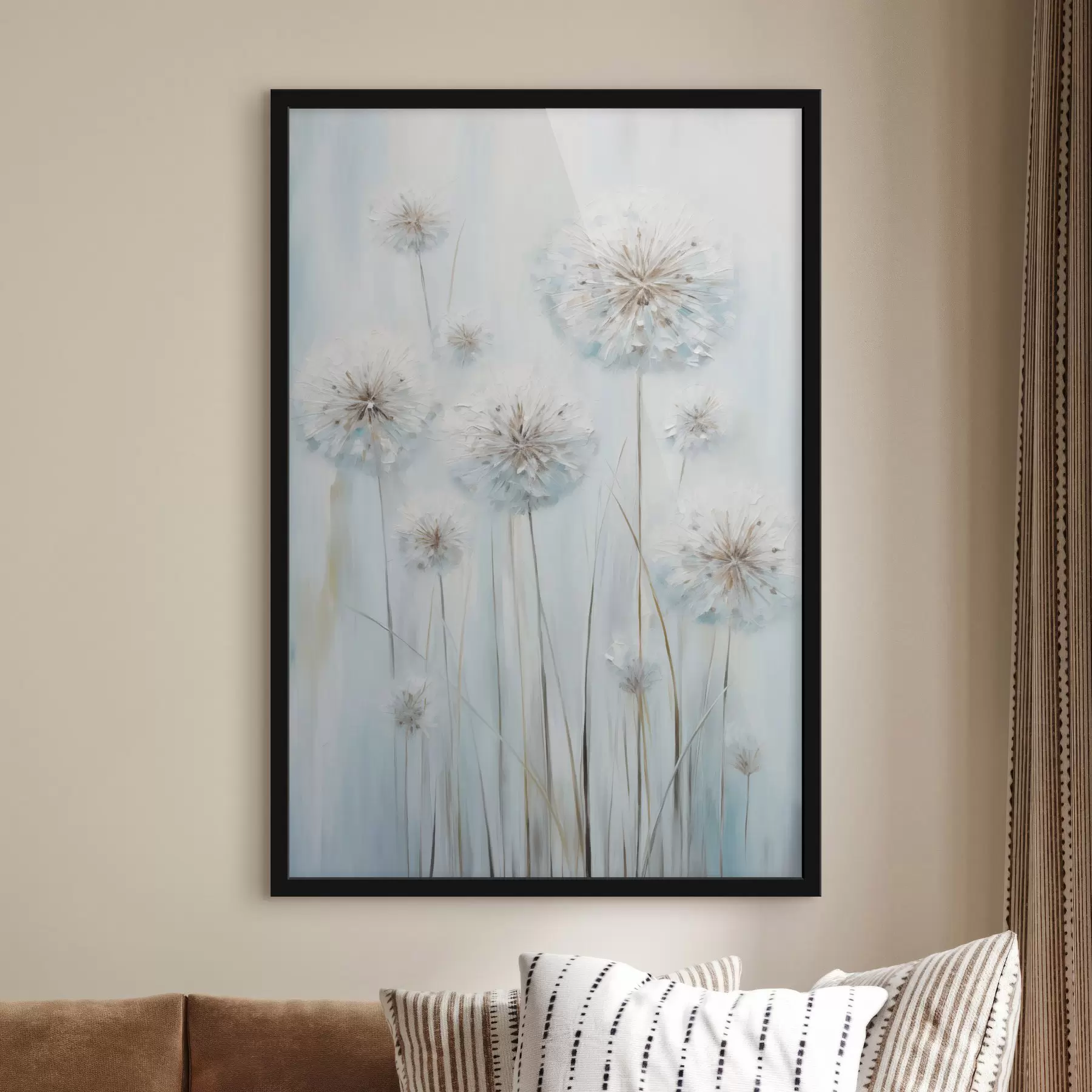 murales de pared Estilo pictórico texturizado de dientes de león sobre un fondo azul y blanco suave. f47856