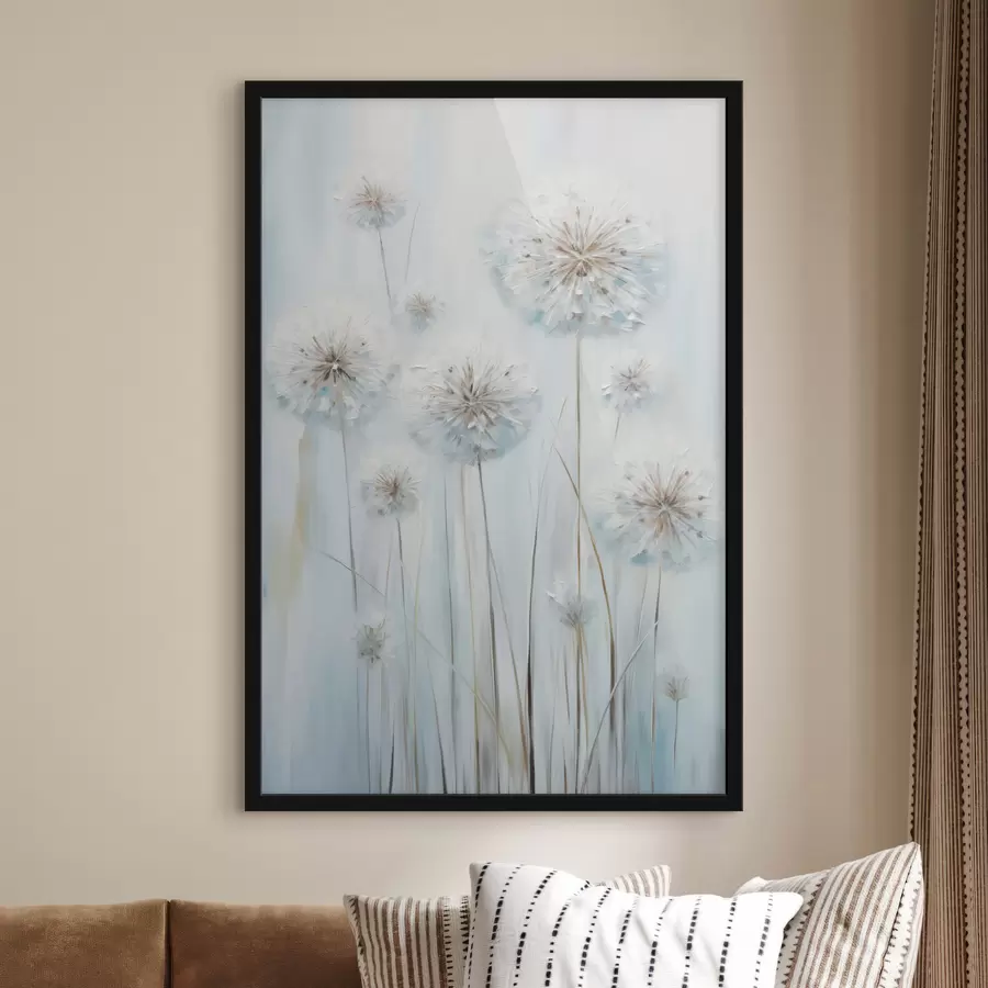 murales de pared Estilo pictórico texturizado de dientes de león sobre un fondo azul y blanco suave. f47856