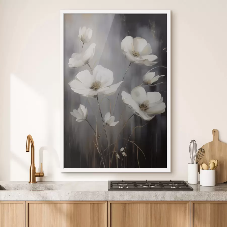 murales de pared Flores blancas con centros marrones y tallos delgados sobre un fondo oscuro y texturizado. f47858