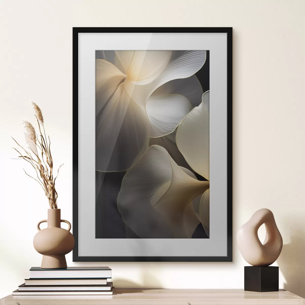 Poster Pétalos abstractos fluidos y translúcidos con líneas delicadas, sobre un fondo oscuro. f47859