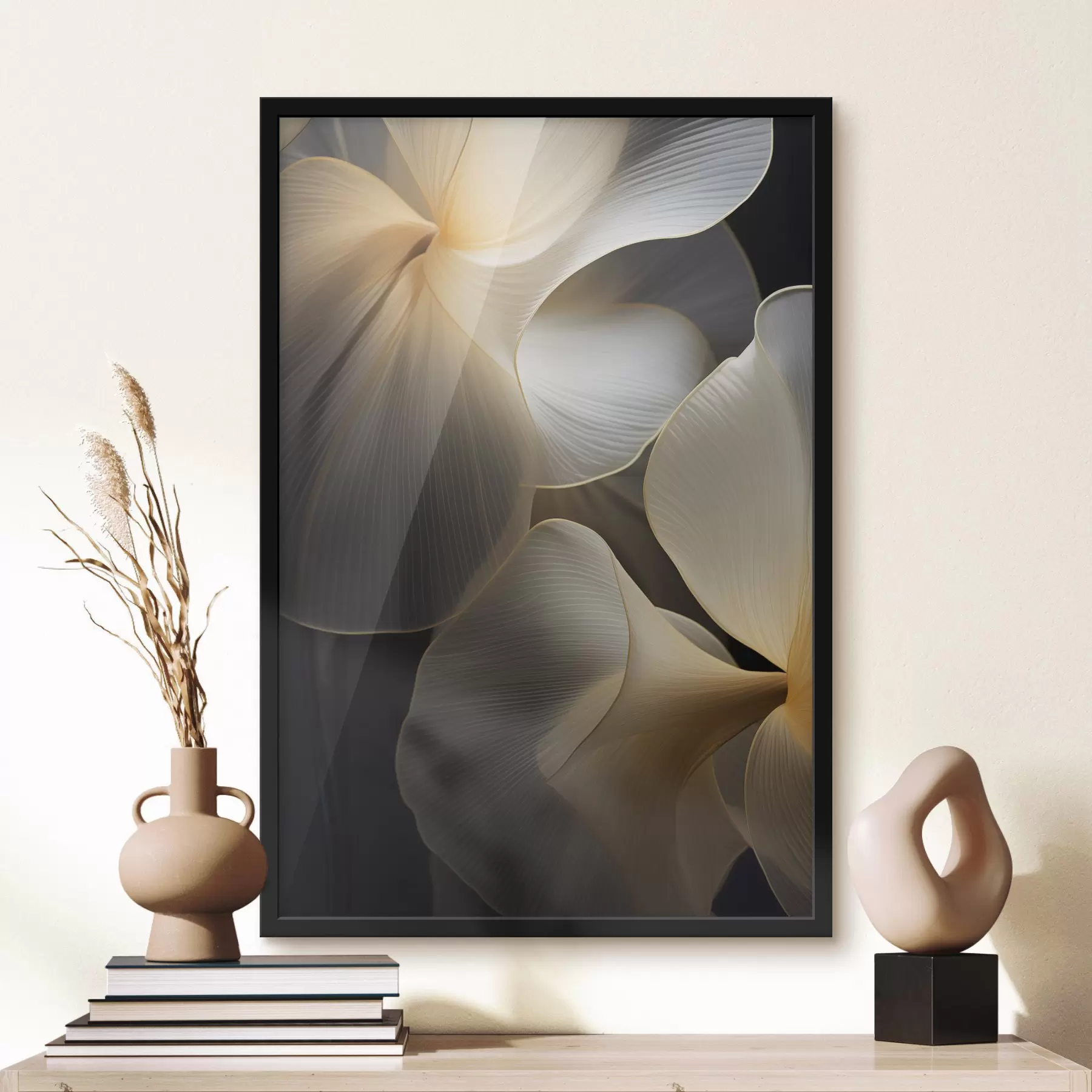 murales de pared Pétalos abstractos fluidos y translúcidos con líneas delicadas, sobre un fondo oscuro. f47859