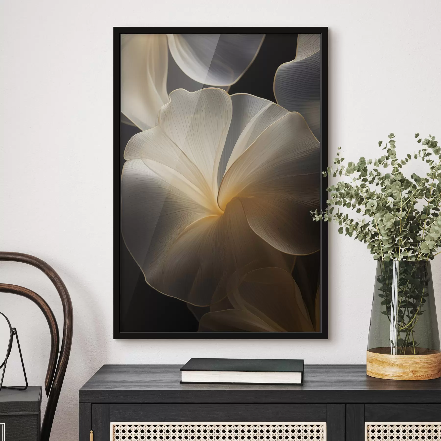 murales de pared Pétalos abstractos fluidos y translúcidos con líneas delicadas, sobre un fondo oscuro. f47860