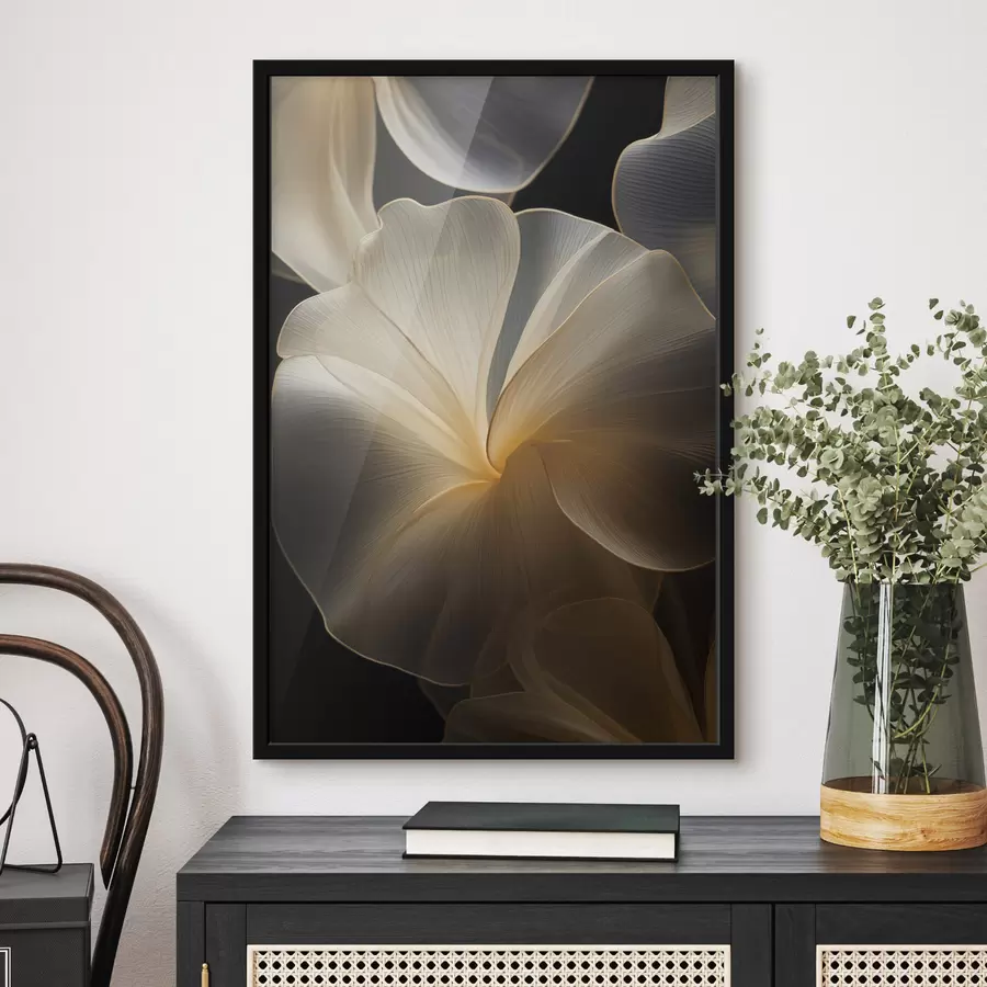 murales de pared Pétalos abstractos fluidos y translúcidos con líneas delicadas, sobre un fondo oscuro. f47860