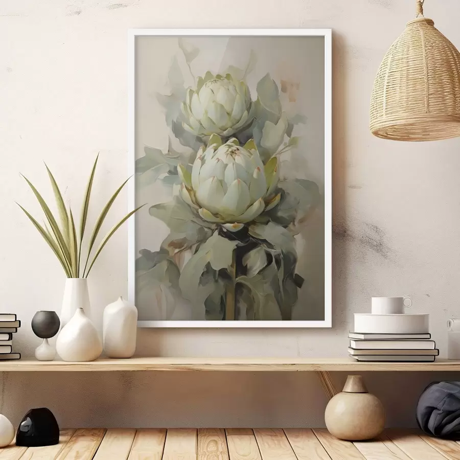 murales de pared Estilo pictórico de varias flores blancas de protea con grandes hojas verdes sobre un fondo claro. f47862