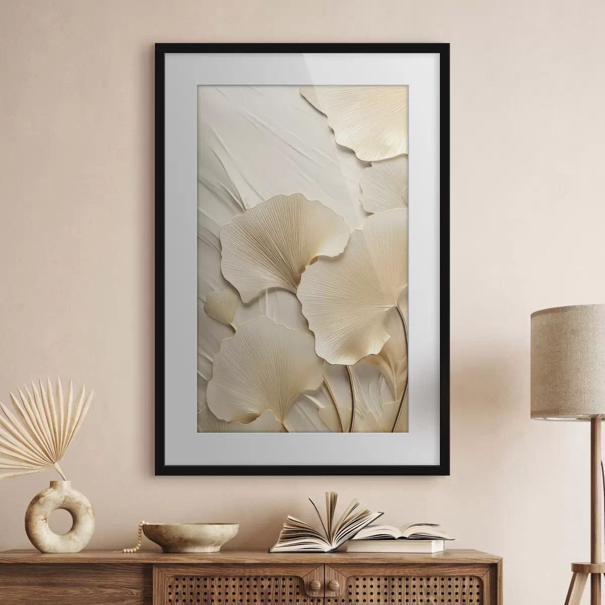 Poster Hojas abstractas de ginkgo sobre un fondo ligero y texturizado, composición elegante y abstracta. f47867